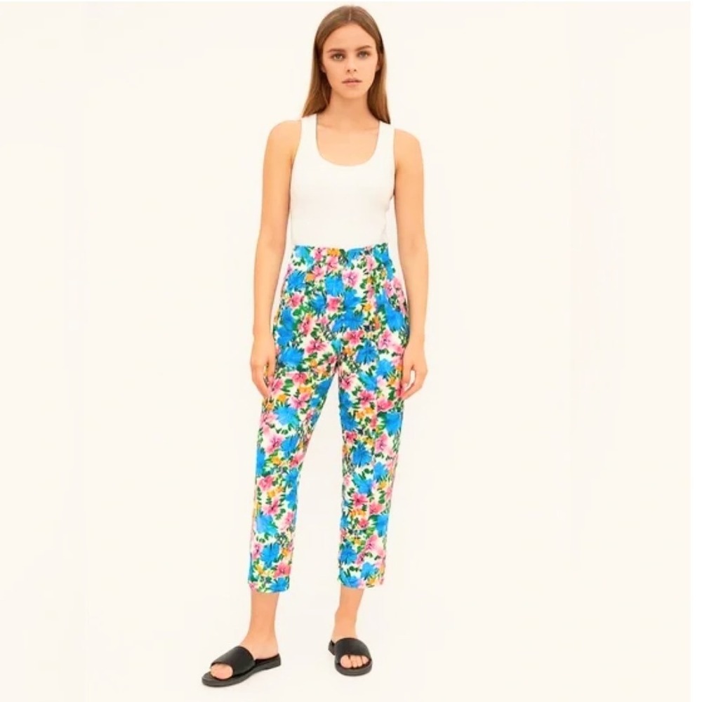 Zara Women's XS‎ Floral Print High Waist Cropped Slim Leg Casual Pants Trousers